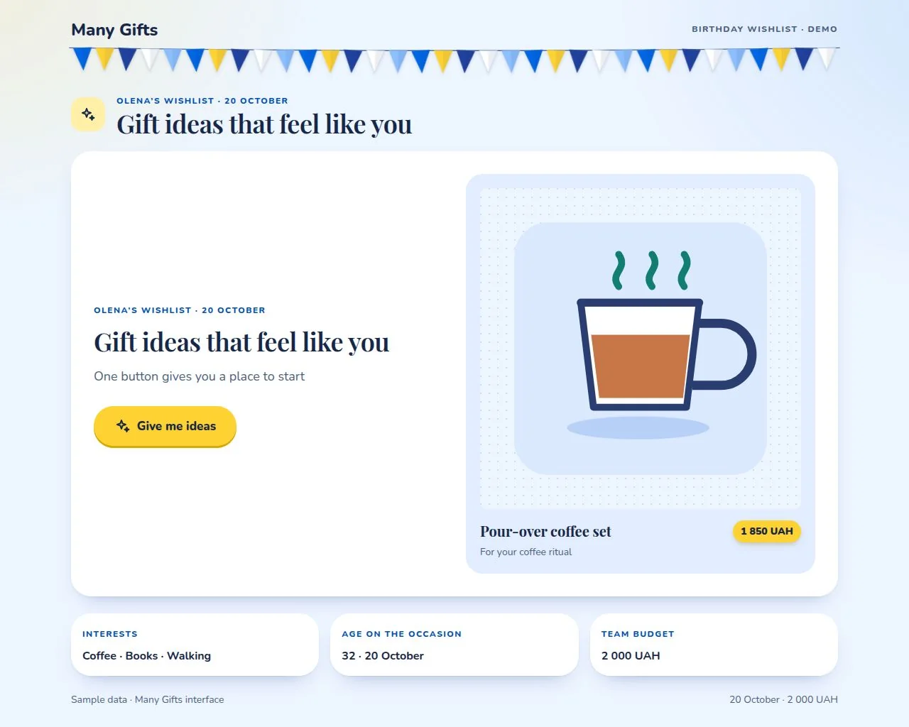 Many Gifts wishlist page with one clear button to suggest birthday gift ideas