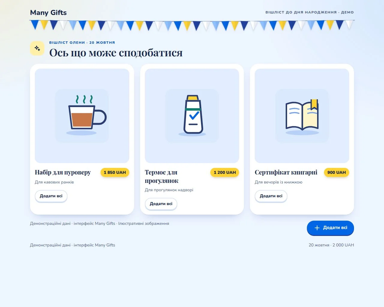 Три персональні ідеї подарунків у картках Many Gifts з поясненнями, цінами та ілюстраціями