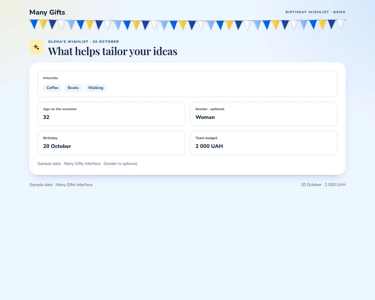 Example personalisation details: Olena’s interests, age, birthday date and budget
