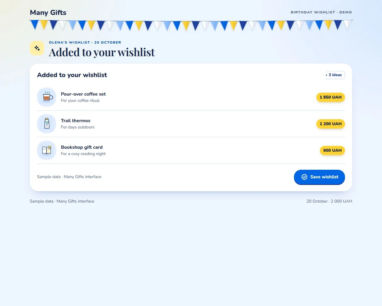 Suggested ideas added to the Many Gifts wishlist editor, ready to review and save